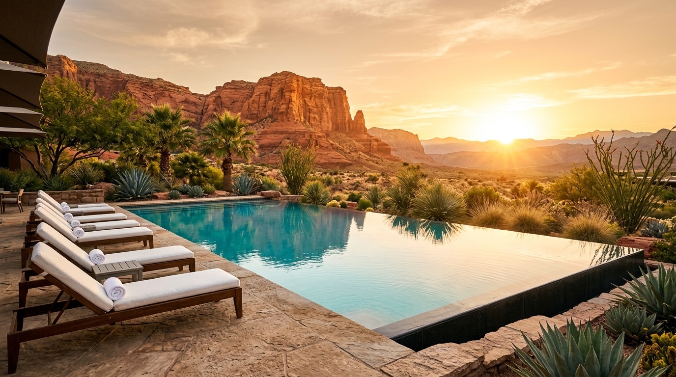 Resort pool framed by red rock at golden hour