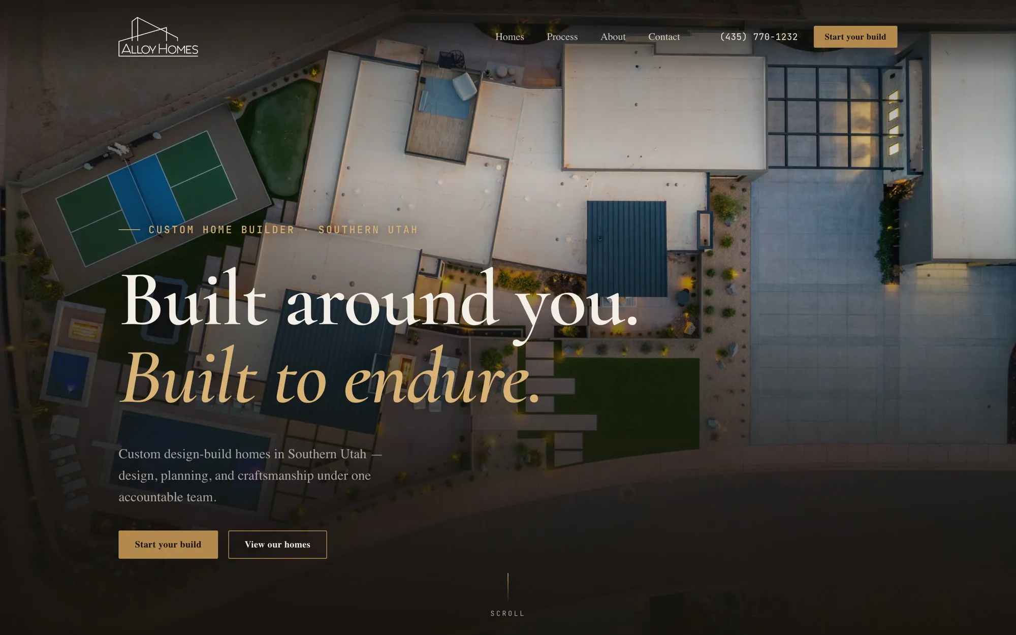 The Alloy Homes website: an aerial photograph of a custom home with the headline 'Built around you. Built to endure.'