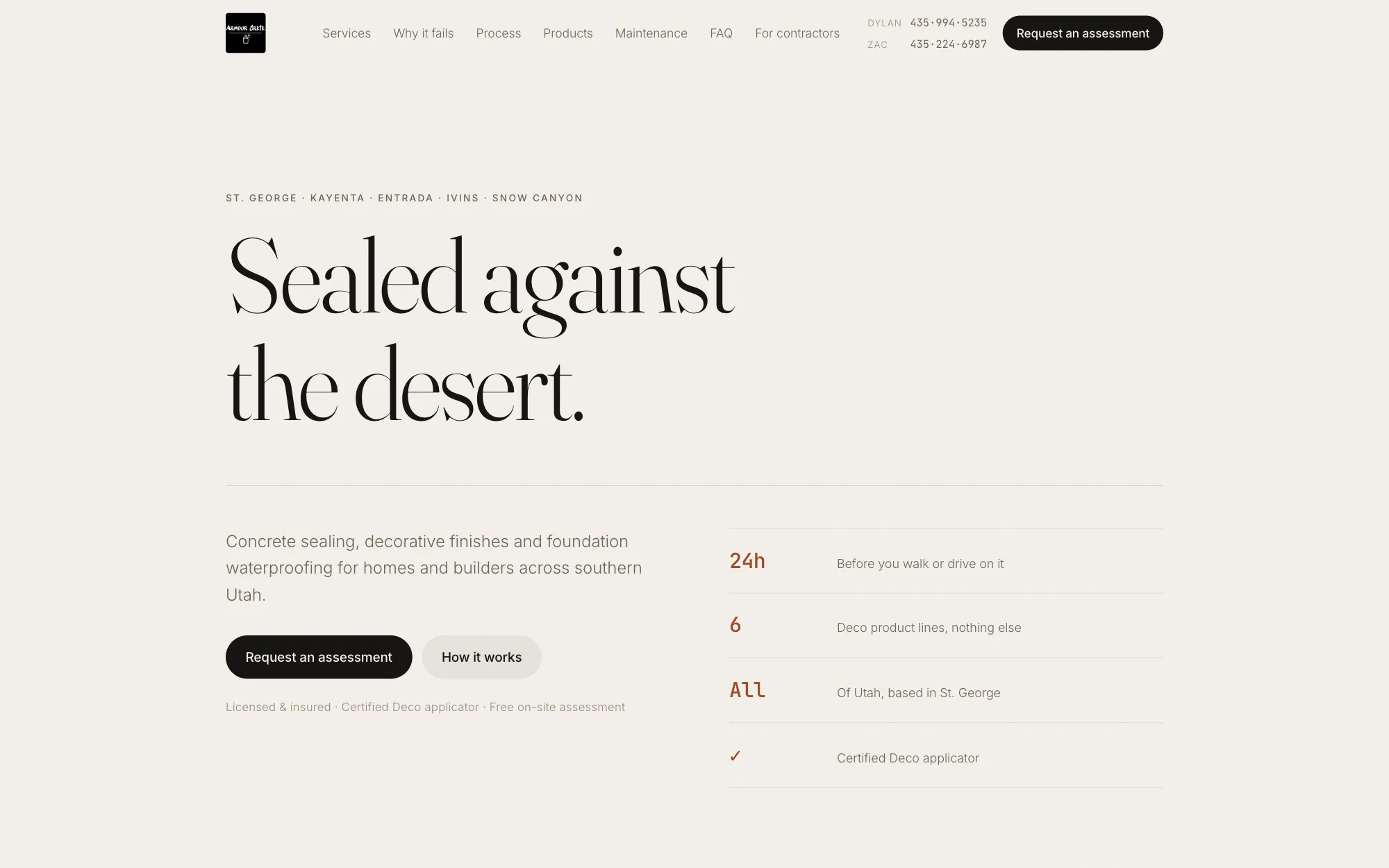 The Armour Crete website: a cream page with the serif headline 'Sealed against the desert.' beside a column of service facts.