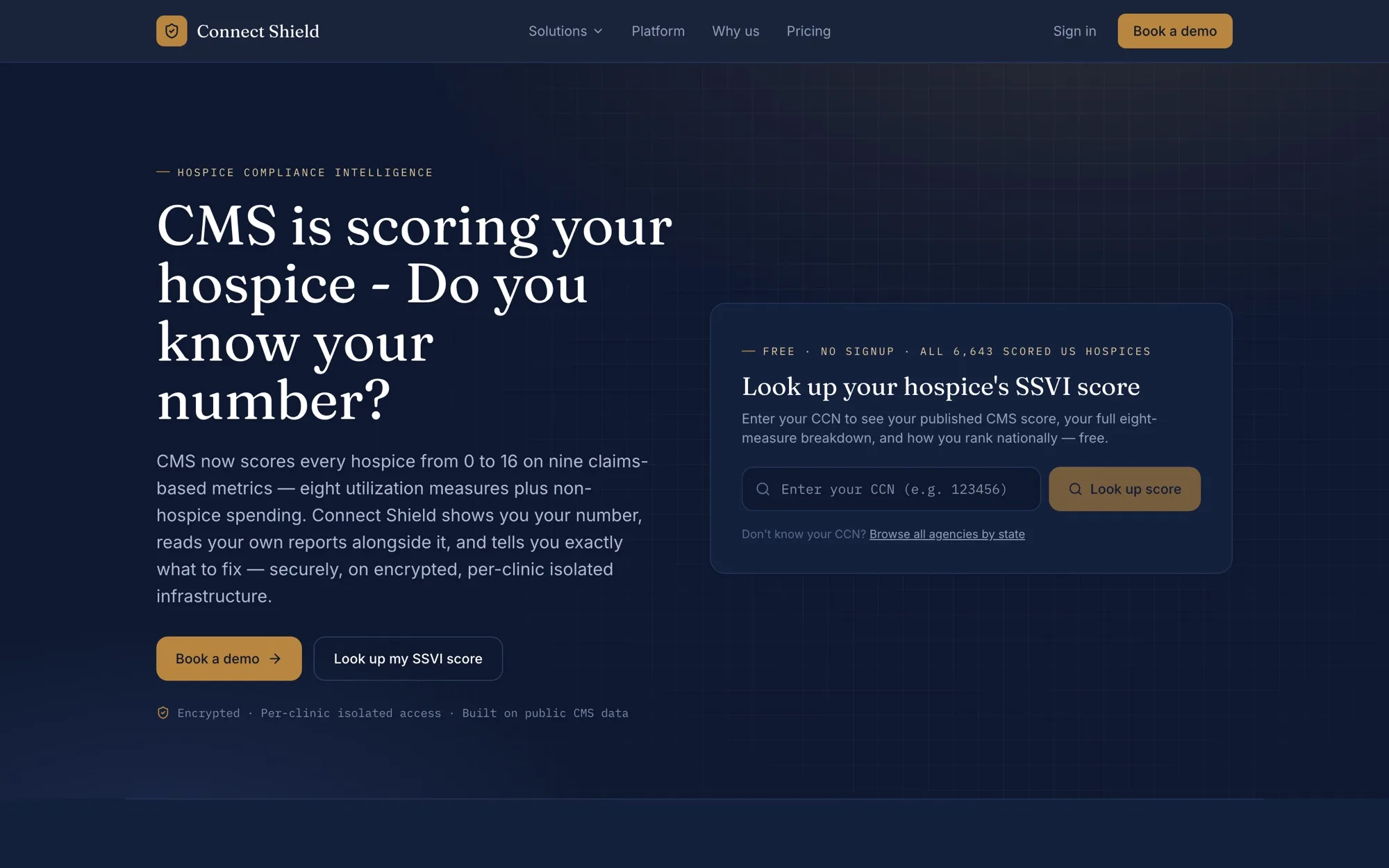 The ConnectShield website: a navy and gold landing page reading 'CMS is scoring your hospice. Do you know your number?'
