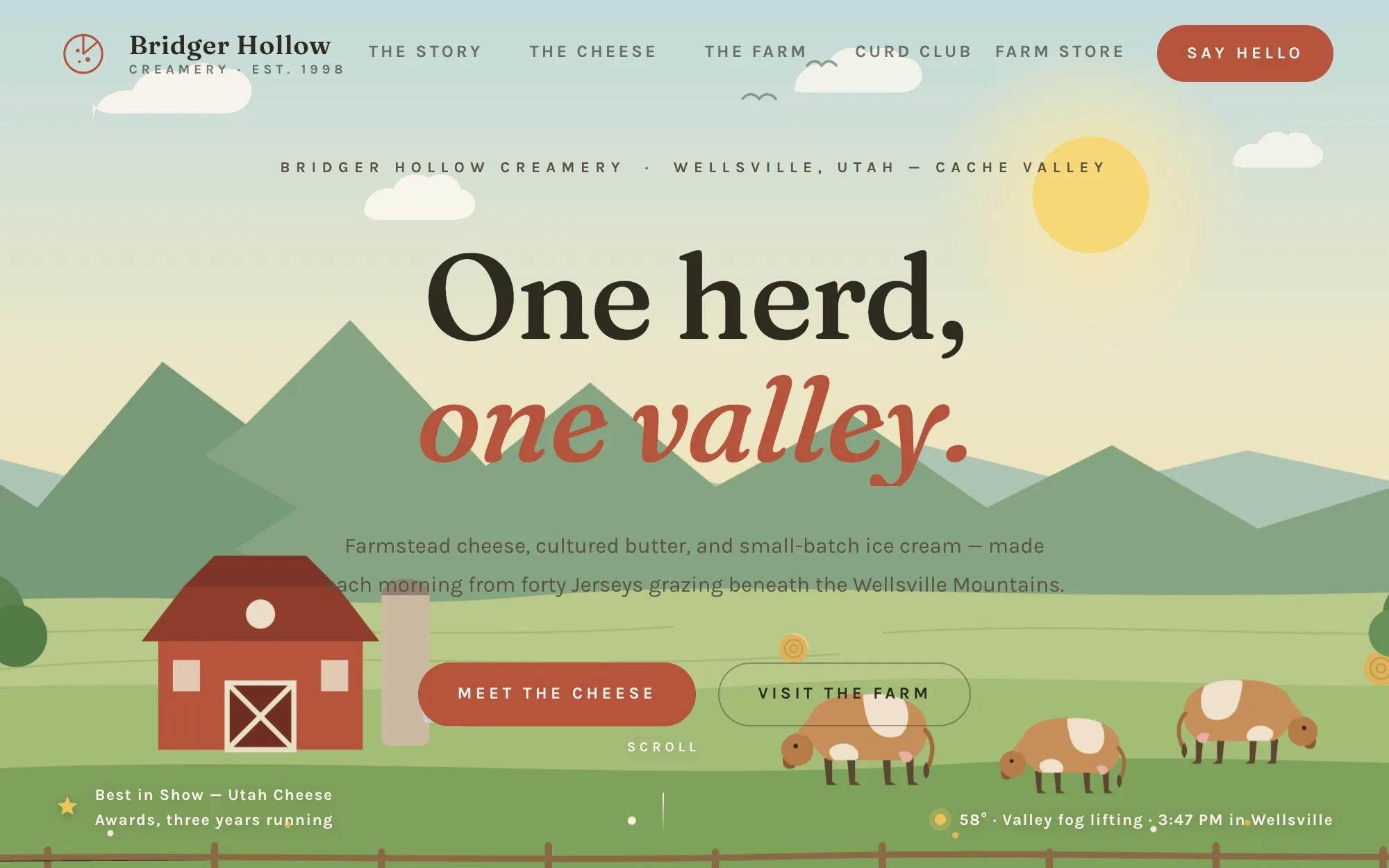 The Bridger Hollow concept site: a serif headline reading 'One herd, one valley' over an illustrated green valley with a red barn and grazing cows.