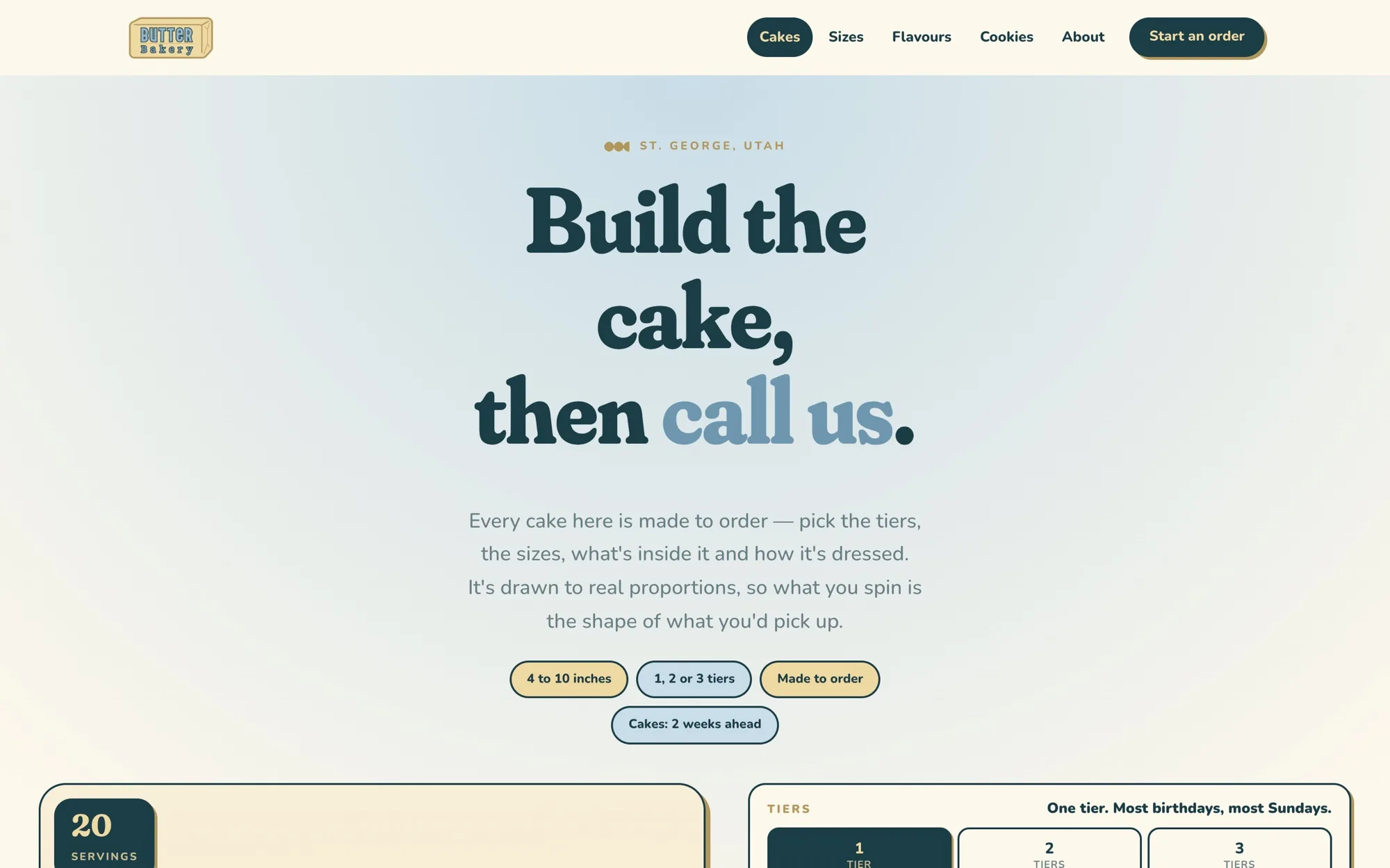 The Butter Bakery site: 'Build the cake, then call us.' in a heavy serif over a soft blue wash, with the cake builder starting underneath.