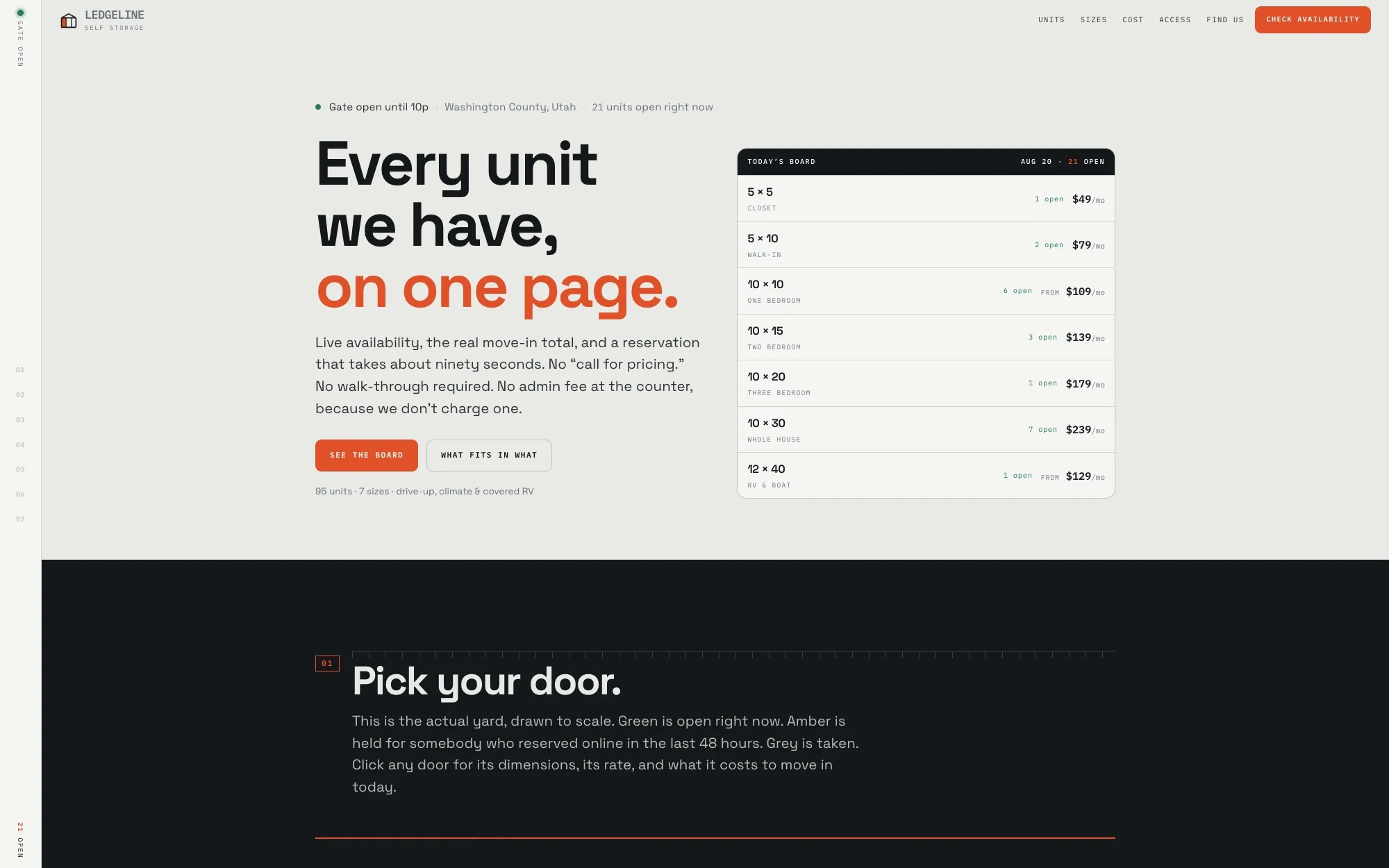 The Ledgeline Storage concept site: 'Every unit we have, on one page' in bold type beside a live board listing unit sizes, availability and monthly rates.