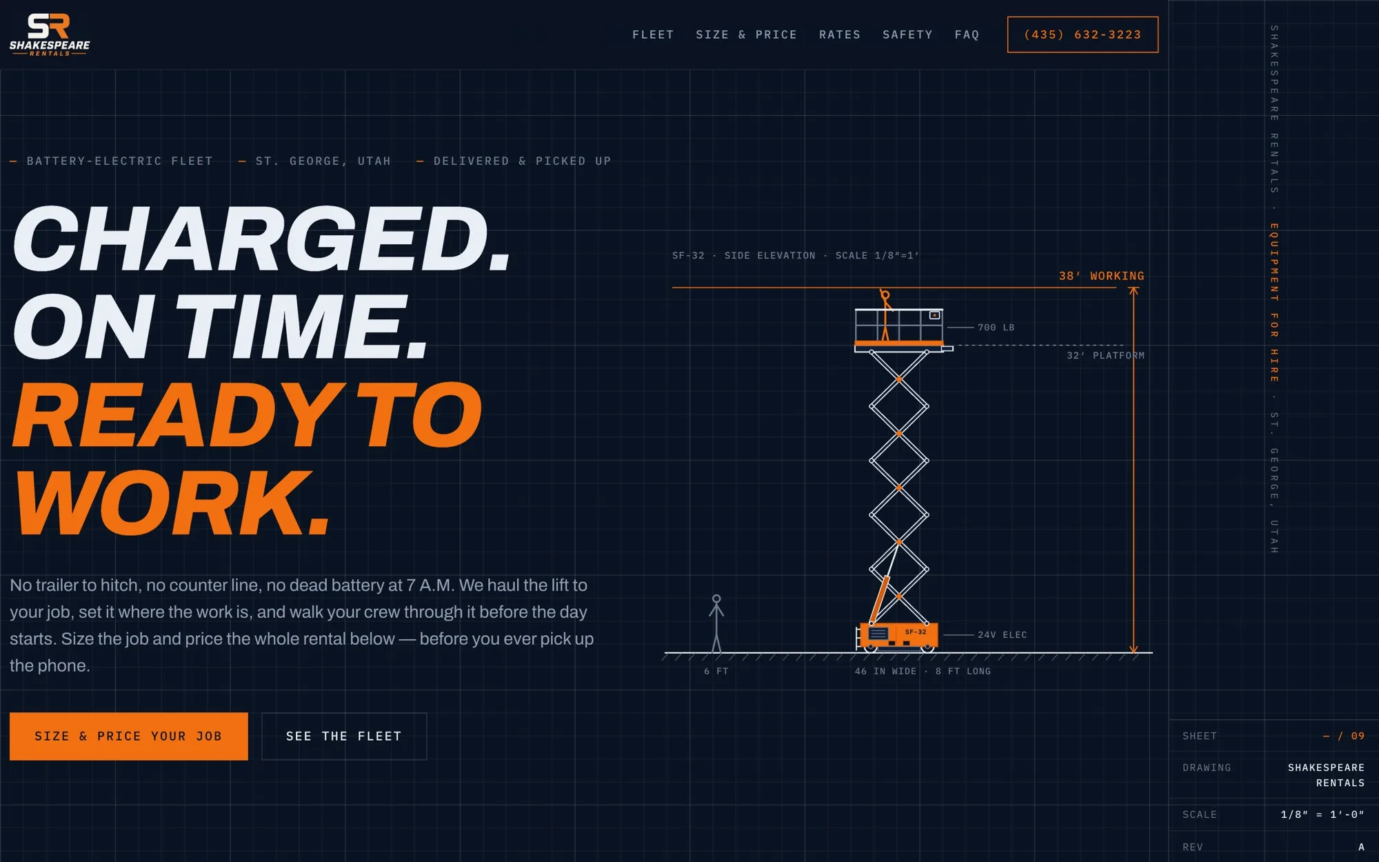 The Shakespeare Rentals site: 'CHARGED. ON TIME. READY TO WORK.' in orange and white on near-black, beside a dimensioned side elevation of a scissor lift on drafting grid.