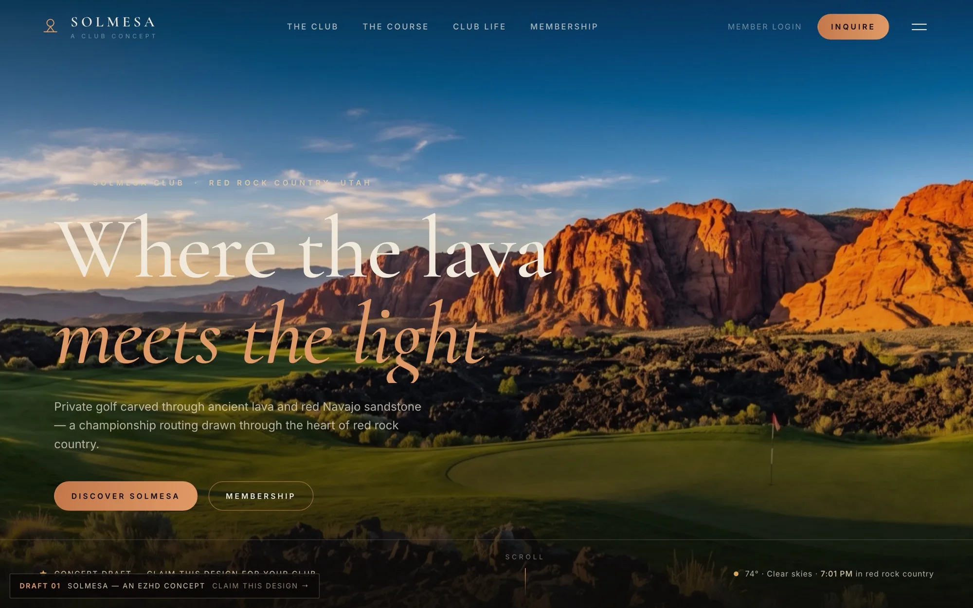 The Solmesa concept site: a serif headline reading 'Where the lava meets the light' over a red rock golf course at dusk.