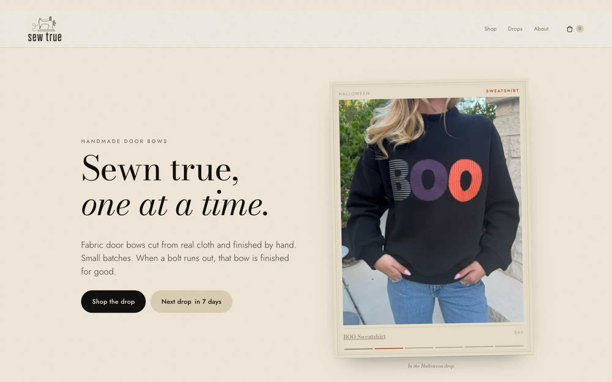 The Sew True website: the headline 'Sewn true, one at a time.' beside a photo card from the Halloween drop.