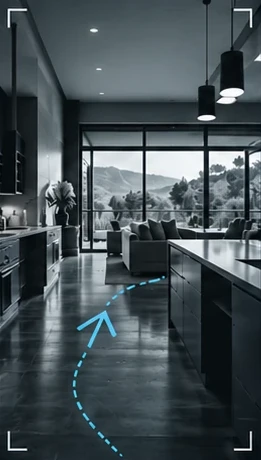 A dolly shot moving through a modern kitchen and living room toward a wall of windows, with a dashed arrow tracing the camera path.
