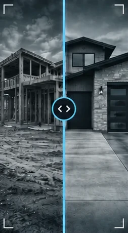 A split frame of the same house: bare framing on the left, the finished home on the right, divided by a slider.
