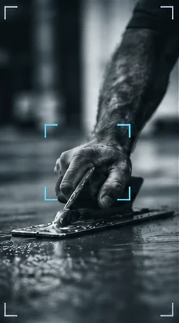 A close-up of a hand finishing wet concrete with a trowel, the background soft in a rack focus.