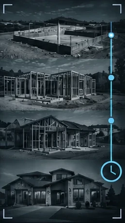 Four stages of one house, from bare lot to framing to the finished home, stacked along a time-lapse rail.
